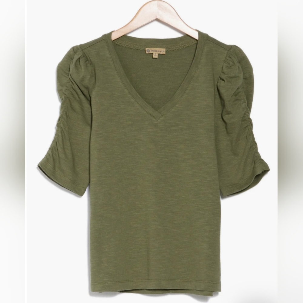 Democracy Cinched Sleeve Cotton V-Neck Top -GREEN -SMALL **NEW